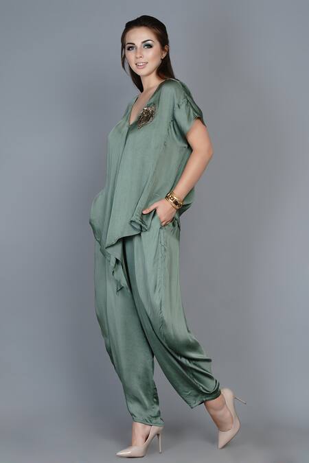 Angry Owl_Green Modal V Neck Asymmetric Top And Dhoti Pant Set _Online_at_Aza_Fashions