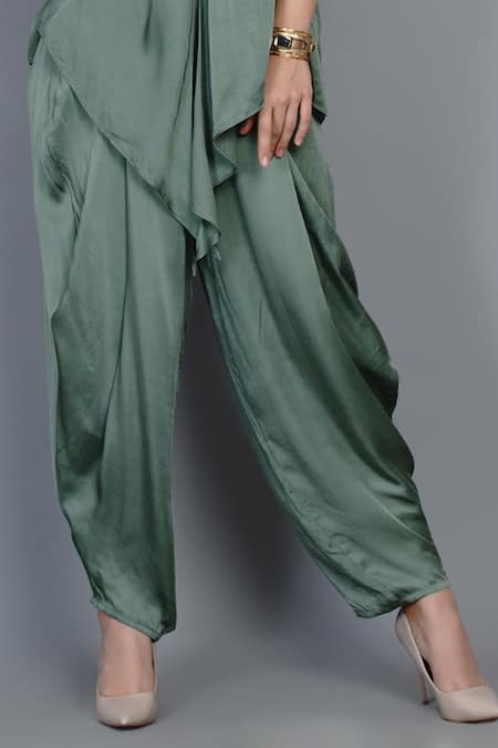 Buy_Angry Owl_Green Modal V Neck Asymmetric Top And Dhoti Pant Set _Online_at_Aza_Fashions