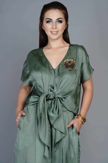Shop_Angry Owl_Green Modal V Neck Asymmetric Top And Dhoti Pant Set _Online_at_Aza_Fashions
