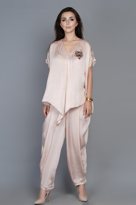 Angry Owl Pink Modal Embroidery V Neck Asymmetric Top And Dhoti Pant Set 