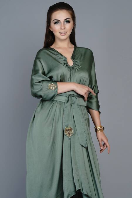 Angry Owl_Green Modal V Neck Asymmetric Kaftan Dress _Online_at_Aza_Fashions