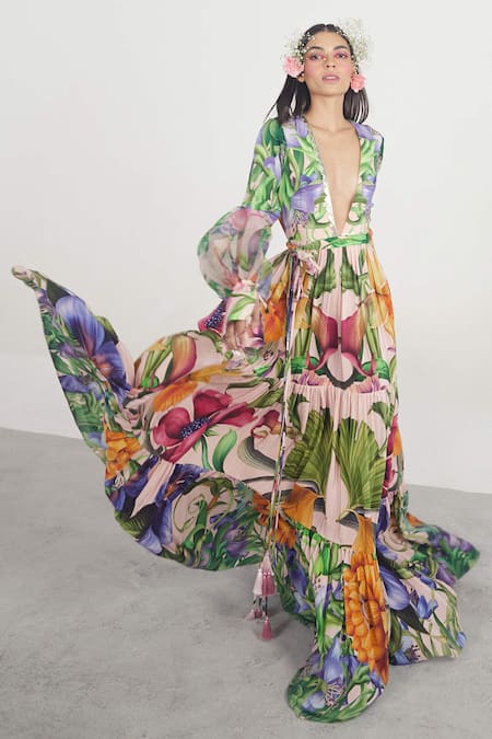 Buy Multi Color Crepe V Neck Floral Print Dress For Women by Limerick ...