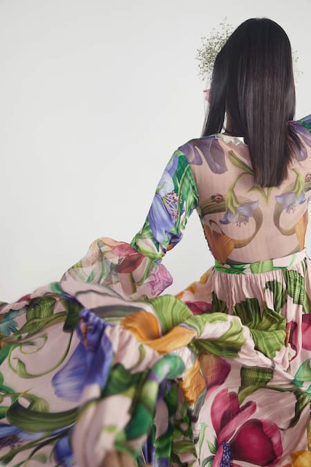 Shop Limerick By Abirr N' Nanki Multi Color Organza, Crepe V Neck Floral Print Dress at Aza Fashions Shop_Limerick By Abirr N' Nanki_Multi Color Organza, Crepe V Neck Floral Print Dress _at_Aza_Fashions