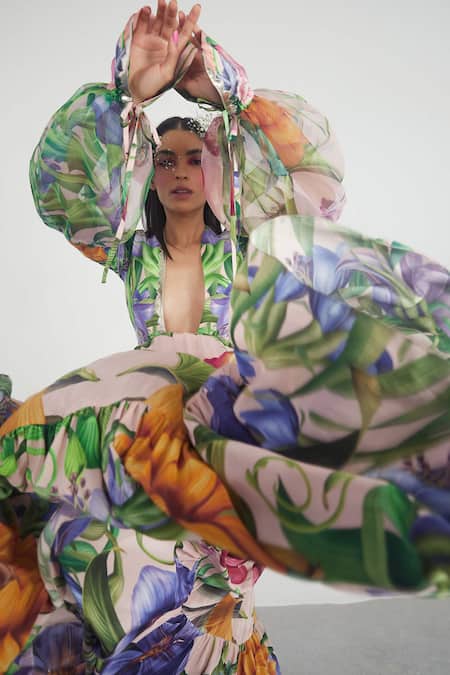 Limerick By Abirr N' Nanki Multi Color Organza, Crepe V Neck Floral Print Dress Online at Aza Fashions Limerick By Abirr N' Nanki_Multi Color Organza, Crepe V Neck Floral Print Dress _Online_at_Aza_Fashions