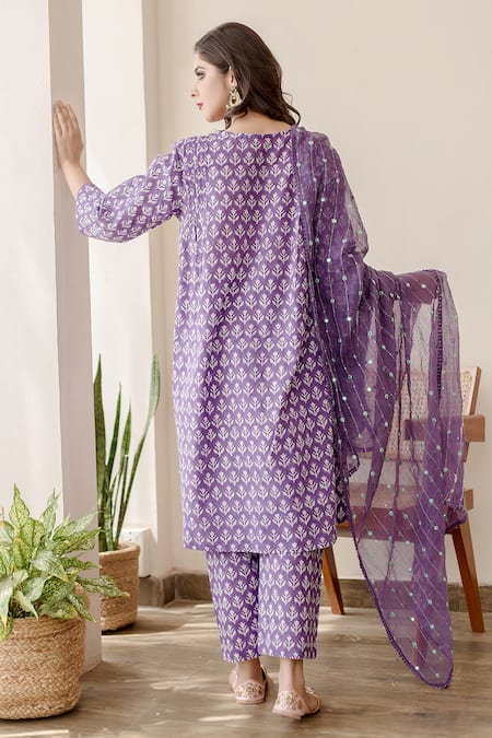 Shop Gulabo Jaipur Purple Cotton, Doriya Floral V Neck Printed Kurta Set at Aza Fashions Shop_Gulabo Jaipur_Purple Cotton, Doriya Floral V Neck Printed Kurta Set _at_Aza_Fashions