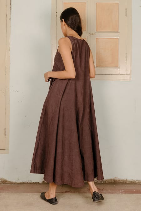 Shop Ayaka Brown 100% Cotton Corduroy V Neck Flared Maxi Dress at Aza Fashions Shop_Ayaka_Brown 100% Cotton Corduroy V Neck Flared Maxi Dress _at_Aza_Fashions