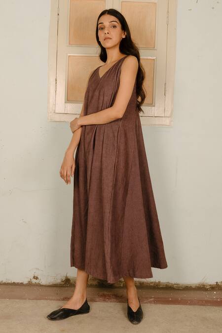 Ayaka Brown 100% Cotton Corduroy V Neck Flared Maxi Dress Online at Aza Fashions Ayaka_Brown 100% Cotton Corduroy V Neck Flared Maxi Dress _Online_at_Aza_Fashions