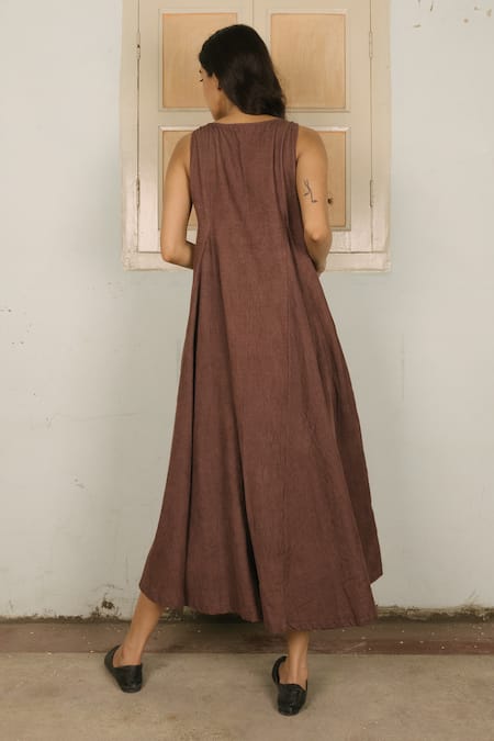 Buy Ayaka Brown 100% Cotton Corduroy V Neck Flared Maxi Dress Online at Aza Fashions Buy_Ayaka_Brown 100% Cotton Corduroy V Neck Flared Maxi Dress _Online_at_Aza_Fashions