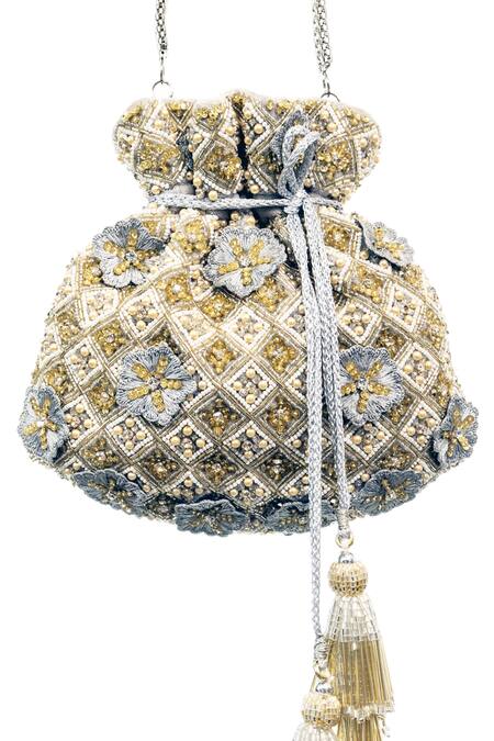 SG Collection By Sonia Gulrajani Grey 3d Flowers Annette Velvet Embroidered Potli Bag Online at Aza Fashions SG Collection By Sonia Gulrajani_Grey 3d Flowers Annette Velvet Embroidered Potli Bag _Online_at_Aza_Fashions