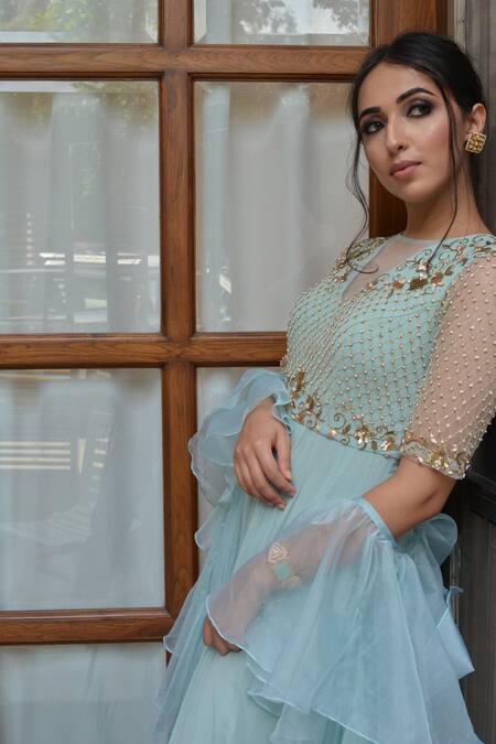 Parul Gandhi_Blue Organza, Georgette Round Flared Anarkali With Dupatta _Online_at_Aza_Fashions