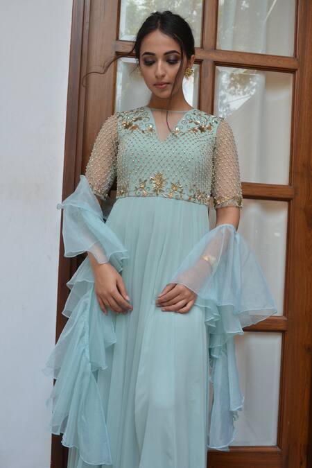 Buy_Parul Gandhi_Blue Organza, Georgette Round Flared Anarkali With Dupatta _Online_at_Aza_Fashions