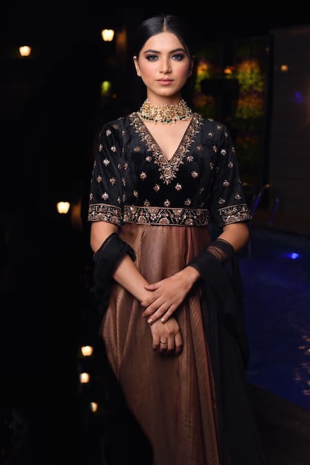 Shop Parul Gandhi Gold Organza, Suede Round Flared Anarkali With Dupatta at Aza Fashions Shop_Parul Gandhi_Gold Organza, Suede Round Flared Anarkali With Dupatta _at_Aza_Fashions