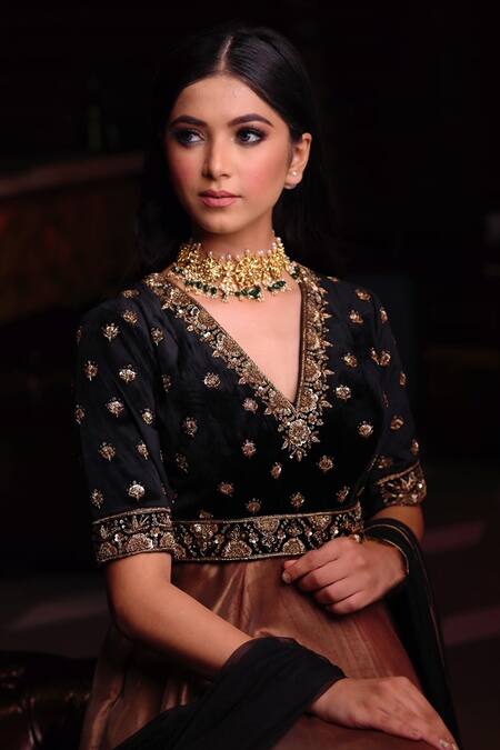 Shop Parul Gandhi Gold Organza, Suede Round Flared Anarkali With Dupatta Online at Aza Fashions Shop_Parul Gandhi_Gold Organza, Suede Round Flared Anarkali With Dupatta _Online_at_Aza_Fashions