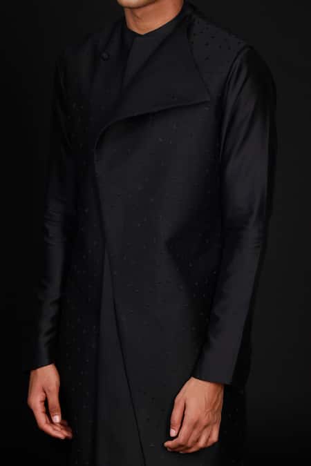 Antar Agni_Black Cotton, Silk Embroidery French Knot Waistcoat _Online_at_Aza_Fashions