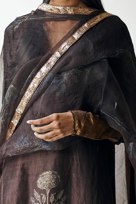 Shorshe Clothing_Brown Silk And Chanderi V Neck Kurta & Pant Set_Online_at_Aza_Fashions