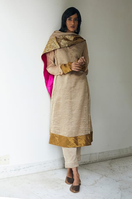 Shorshe Clothing_Beige Handloom Striped Tissue V Neck Woven Kurta And Pant Set_Online_at_Aza_Fashions