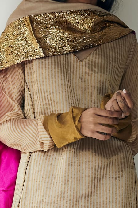 Buy_Shorshe Clothing_Beige Handloom Striped Tissue V Neck Woven Kurta And Pant Set_Online_at_Aza_Fashions