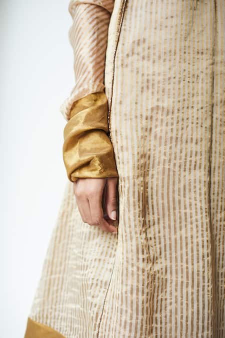 Shop_Shorshe Clothing_Beige Handloom Striped Tissue V Neck Woven Kurta And Pant Set_Online_at_Aza_Fashions