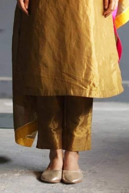 Shop_Shorshe Clothing_Gold Handloom Tissue V Neck Kurta And Pant Set _Online_at_Aza_Fashions
