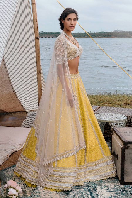 Astha Narang Yellow Silk Lehenga With Gota And Sitaara Jaal | The Grand  Trunk