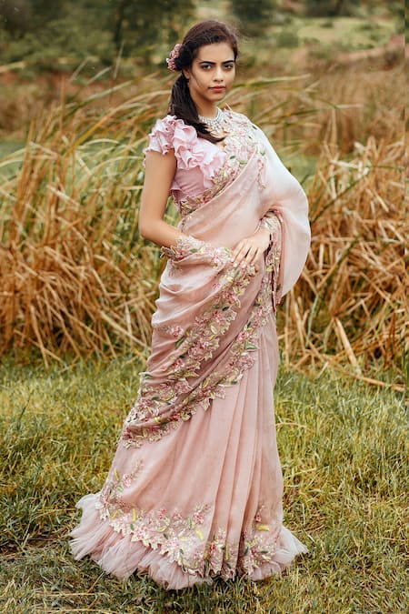 Anushree Reddy Peach Organza Saree With Blouse