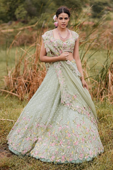 Anushree Reddy Green Organza Embroidered Lehenga Set