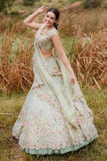 Shop_Anushree Reddy_Green Organza Embroidered Lehenga Set_at_Aza_Fashions