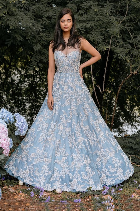 Anushree Reddy Grey Organza Embroidered Flared Gown