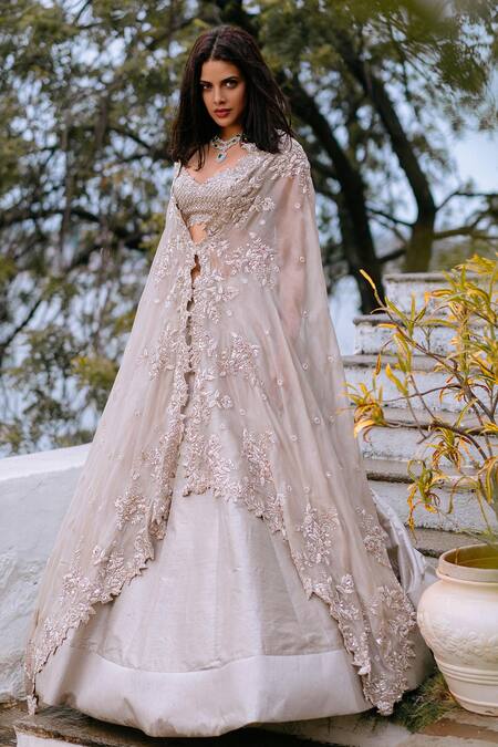 Anushree Reddy Beige Embroidered Cape Lehenga Set