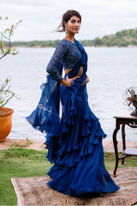Anushree Reddy Blue Chiffon Ruffle Saree With Blouse