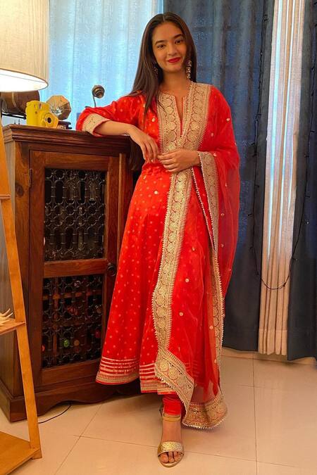 Gopi Vaid Red Begum Anarkali Churidar Set  