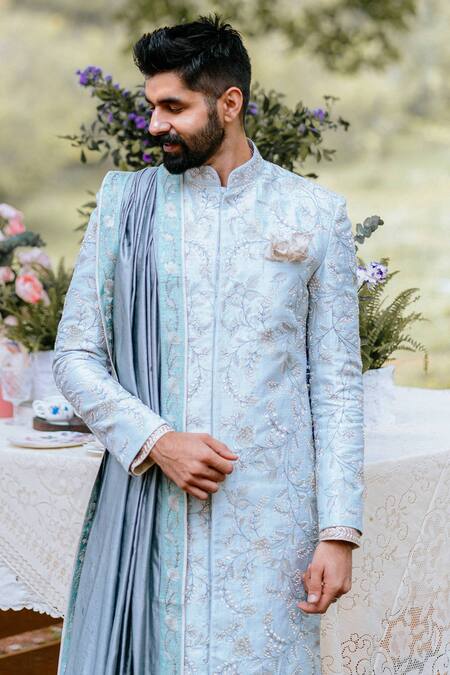 Anushree Reddy_Blue Embroidered Sherwani Set _Online_at_Aza_Fashions