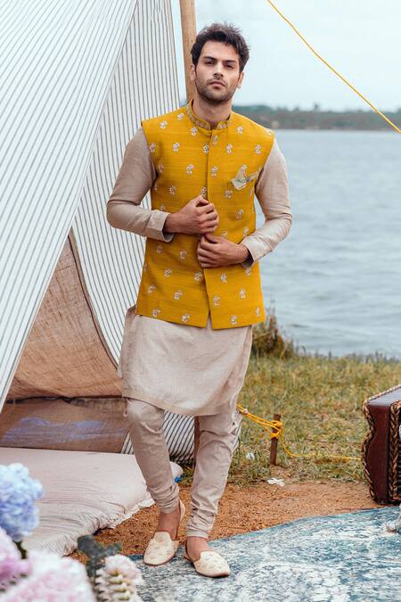 Anushree Reddy Yellow Embroidered Bundi And Kurta Set