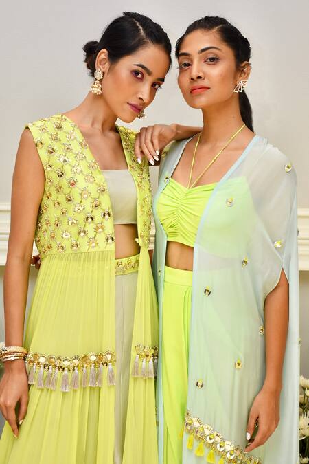 Maison Blu_Blue Crepe, Flat Chiffon Halter Embroidered Cape And Draped Skirt Set _Online_at_Aza_Fashions