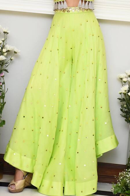 Maison Blu Green Silk, Organza Open Jacket And Flared Pant Set Online at Aza Fashions Maison Blu_Green Silk, Organza Open Jacket And Flared Pant Set _Online_at_Aza_Fashions