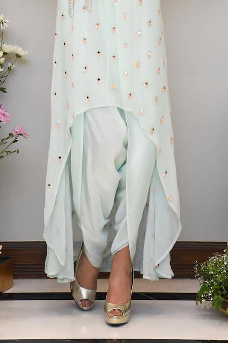 Shop_Maison Blu_Blue Silk, Pure Georgette Round Embroidered Kurta And Dhoti Pant Set  _Online_at_Aza_Fashions