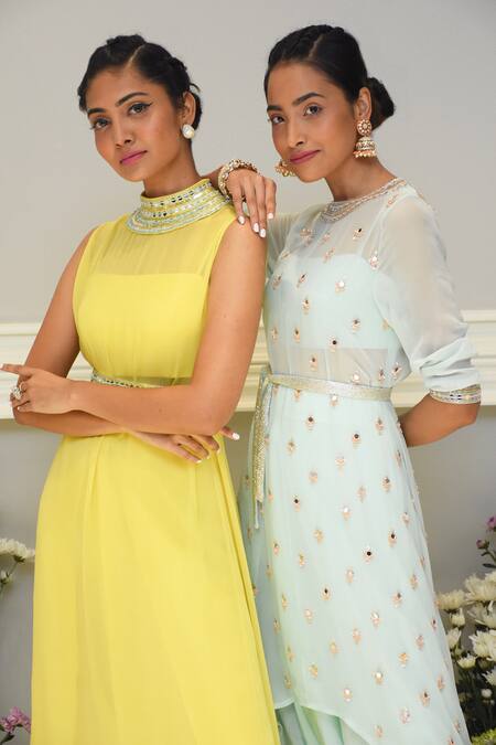 Maison Blu_Blue Silk, Pure Georgette Round Embroidered Kurta And Dhoti Pant Set  _Online_at_Aza_Fashions