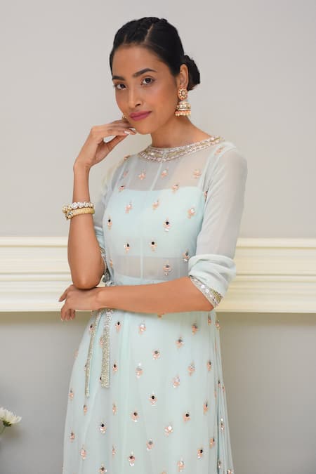 Buy_Maison Blu_Blue Silk, Pure Georgette Round Embroidered Kurta And Dhoti Pant Set  _Online_at_Aza_Fashions