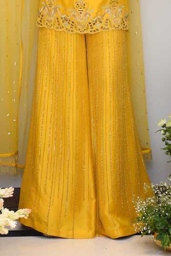 Shop_Maison Blu_Yellow Silk Embroidered Kurta Set_Online_at_Aza_Fashions
