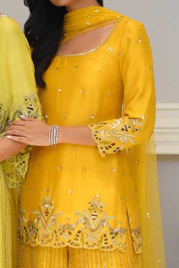 Buy_Maison Blu_Yellow Silk Embroidered Kurta Set_Online_at_Aza_Fashions