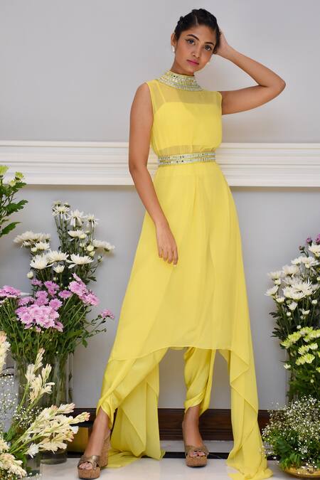 Maison Blu_Yellow Silk, Pure Georgette High Neck Embroidered Kurta And Dhoti Pant Set _Online_at_Aza_Fashions