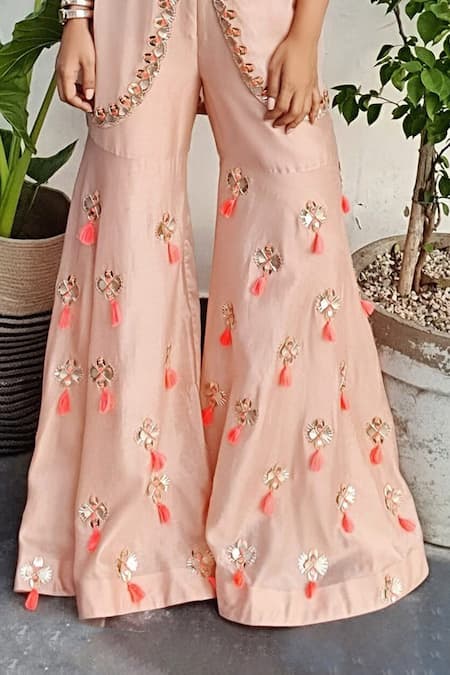 Maison Blu Peach Silk Open Embroidered Jacket And Sharara Set Online at Aza Fashions Maison Blu_Peach Silk Open Embroidered Jacket And Sharara Set _Online_at_Aza_Fashions