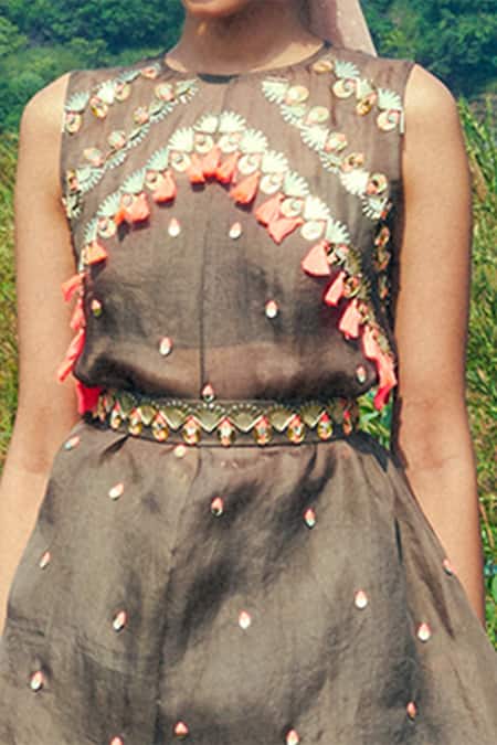 Maison Blu_Green Organza Round Kurta Lehenga Set _Online_at_Aza_Fashions