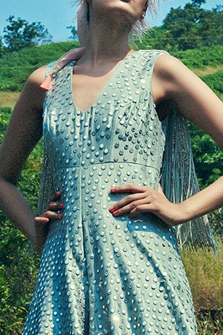 Maison Blu_Green Silk V Neck Embroidered Jumpsuit_Online_at_Aza_Fashions