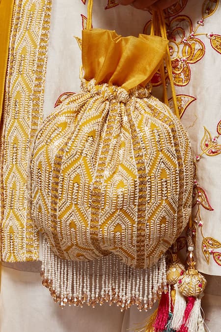 Shop_Ajiesh Oberoi_Yellow Embroidery, Beads Potli Bag _at_Aza_Fashions