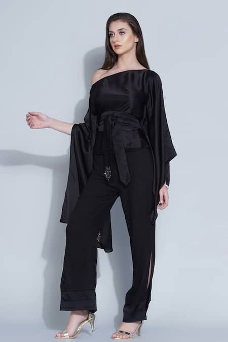 Angry Owl Black Modal Owl Motif One Shoulder Top And Pant Set Online at Aza Fashions Angry Owl_Black Modal Owl Motif One Shoulder Top And Pant Set _Online_at_Aza_Fashions