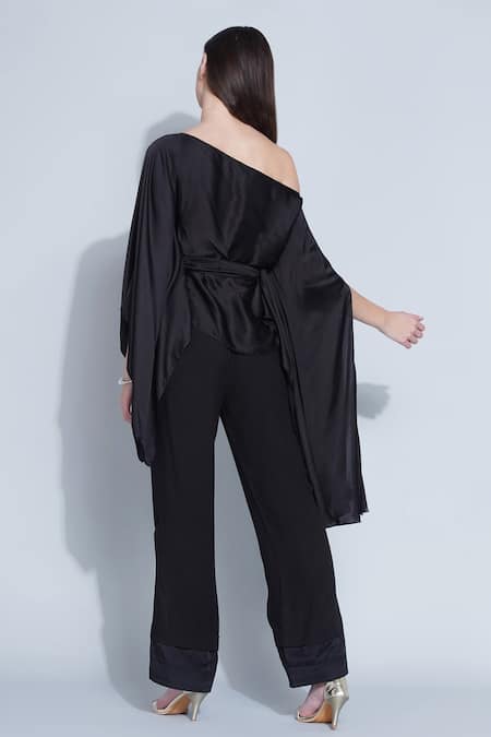 Shop Angry Owl Black Modal Owl Motif One Shoulder Top And Pant Set at Aza Fashions Shop_Angry Owl_Black Modal Owl Motif One Shoulder Top And Pant Set _at_Aza_Fashions
