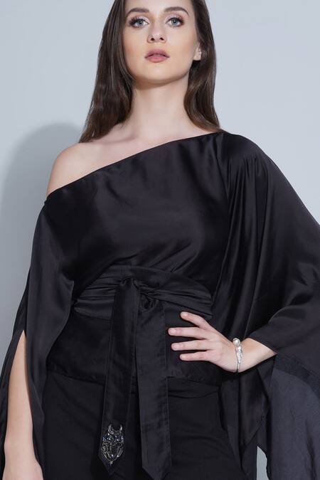 Angry Owl Black Modal Owl Motif One Shoulder Top And Pant Set at Aza Fashions Angry Owl_Black Modal Owl Motif One Shoulder Top And Pant Set _at_Aza_Fashions