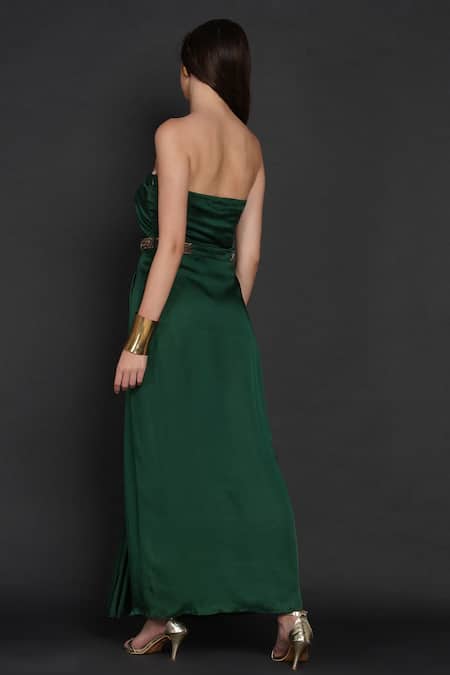 Shop_Angry Owl_Green Modal Sweetheart Neck Pleated Tube Gown _at_Aza_Fashions