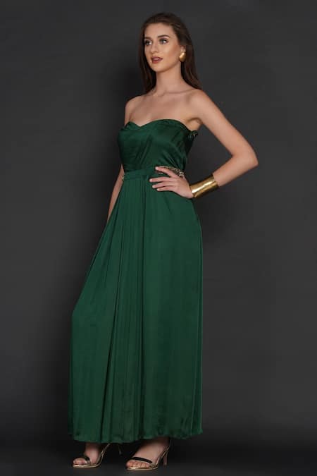 Angry Owl Green Modal Sweetheart Neck Pleated Tube Gown Online at Aza Fashions Angry Owl_Green Modal Sweetheart Neck Pleated Tube Gown _Online_at_Aza_Fashions